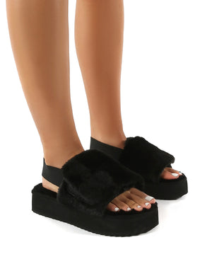 Funky Black Platform Chunky Sole Velcro Strap Slippers
