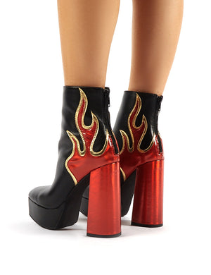 Ablaze Black Flame Detail Platform Block Heeled Ankle Boots