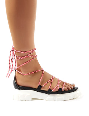 Dynamic Black Neon Pink Lace Up Chunky Sandals