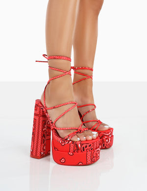 Clermonte Red Paisley Print Chunky Platform Lace Up Heels