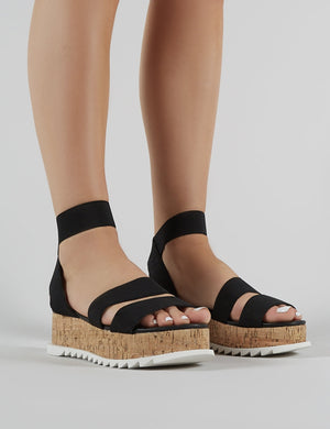 Cassie Elasticated Strappy Flatform Sandals in Black