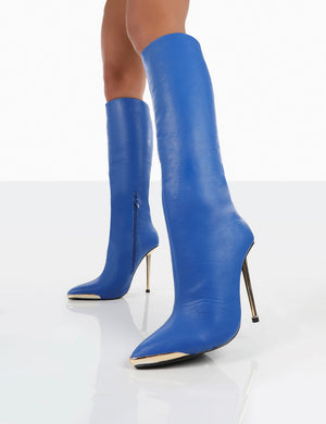 Tala Blue PU Pointed Toe Siletto Heel Knee High Boots