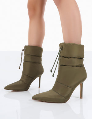 Kenza x Public Desire Reset Green Nylon Padded Heeled Ankle Boots