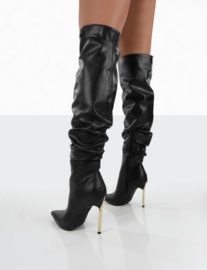 Energy Black PU Pointed Toe Over The Knee Heeled Boots