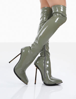 Kenza X Public Desire Vicki Sage Grey Patent over the Knee Stiletto Heeled Boots