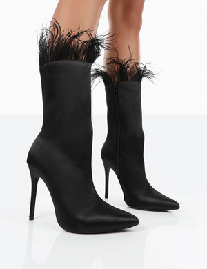 Out Out Black Satin Pointed Toe Faux Feather Ankle Boots