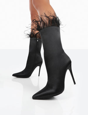 Out Out Black Satin Pointed Toe Faux Feather Ankle Boots