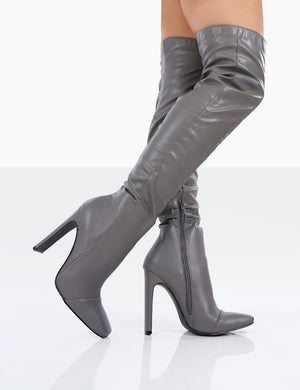 Kenza X Public Desire Pyrite Grey Patent over the Knee Heeled Boots