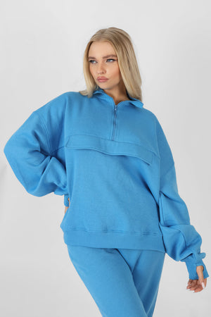 Oversized Half Zip Pullover Windbreaker Sweat Blue