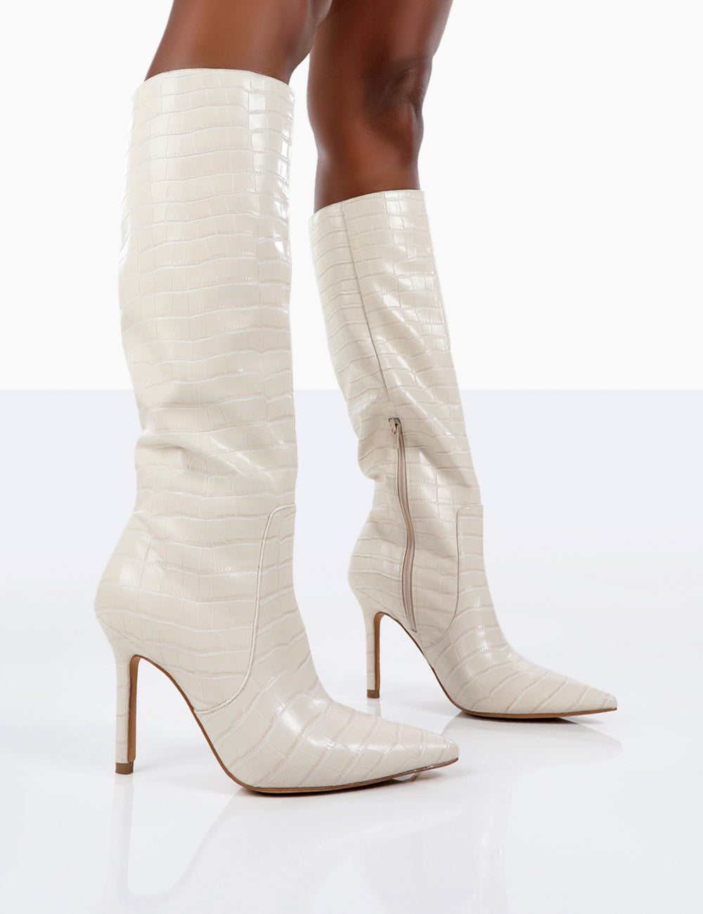 Kenza X Public Desire Rosalie Cream Croc Heeled Knee High Boots