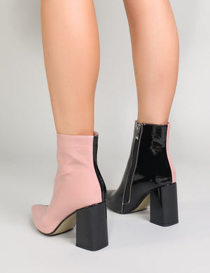 Chaos Two-Tone Pointed Toe Ankle Boots in Black and Pink Patent