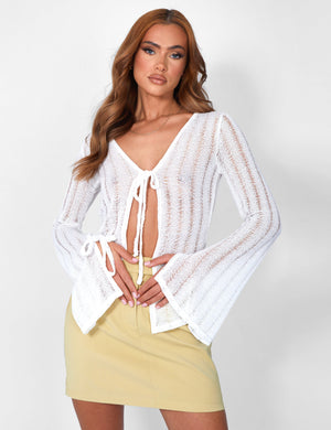 Laddered Knitted Tie Front Top Ivory