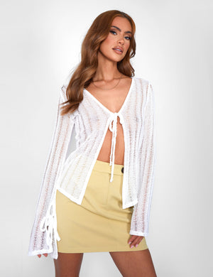 Laddered Knitted Tie Front Top Ivory