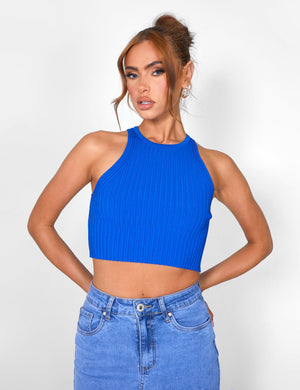 Knitted Ribbed Racer Top Cobalt Blue