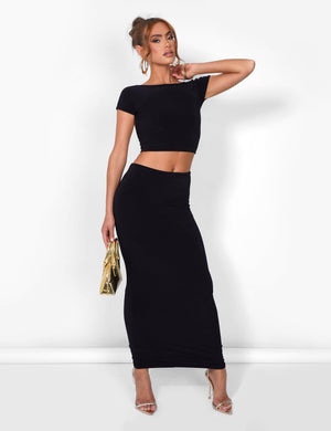 Kaiia Off Shoulder Slinky Cropped Top Co-ord in Black