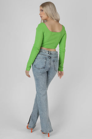Long Sleeve Square Neck Crop Top Green