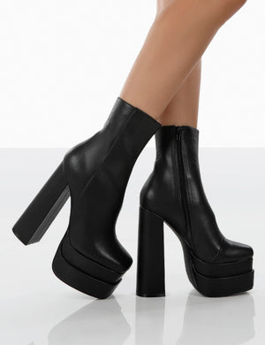 Supine Black Pu Chunky Platform High Heeled Ankle Boots | Public Desire