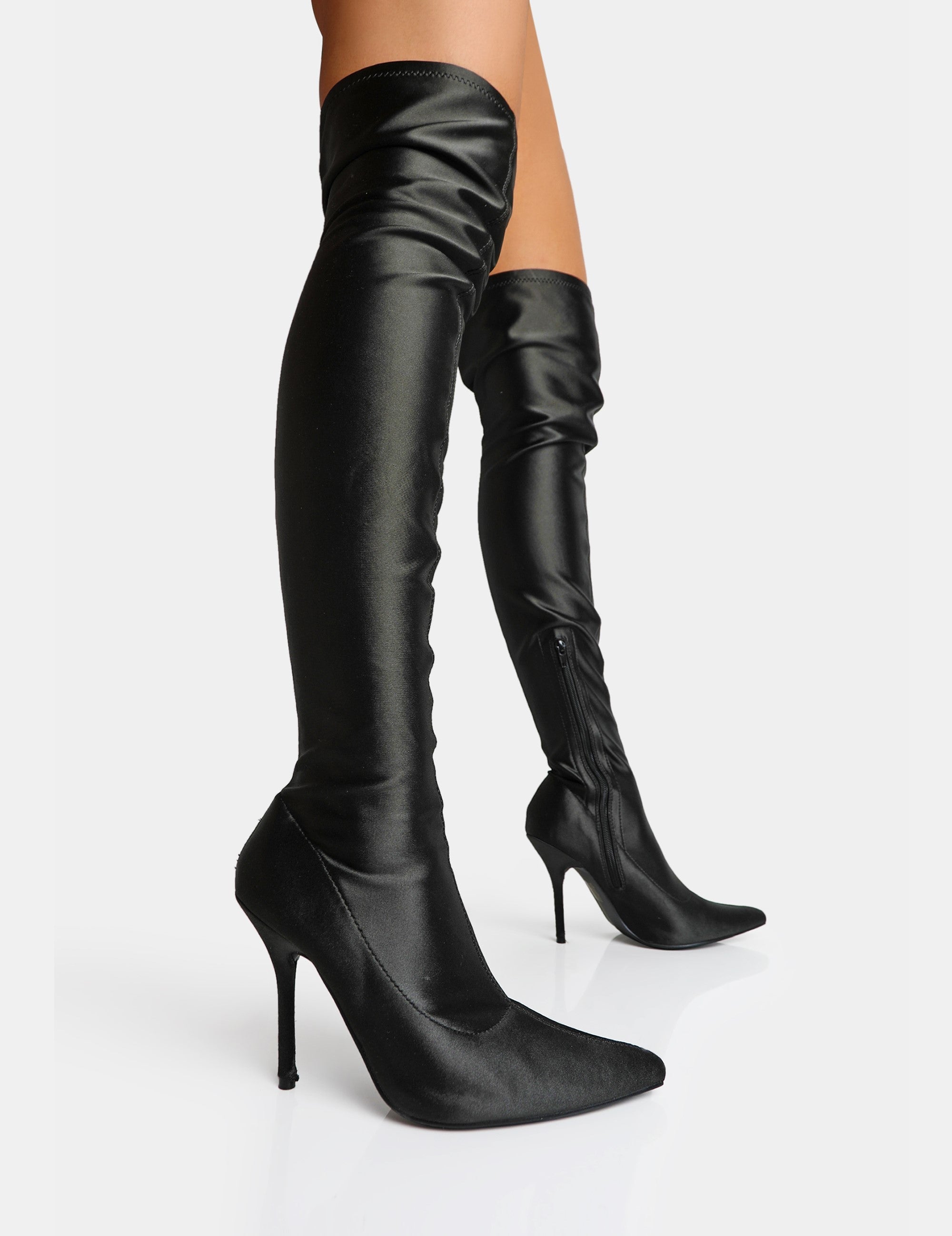 INSTINCT BLACK LYCRA POINTED TOE STILETTO THIGH HIGH BOOTS | Public Desire