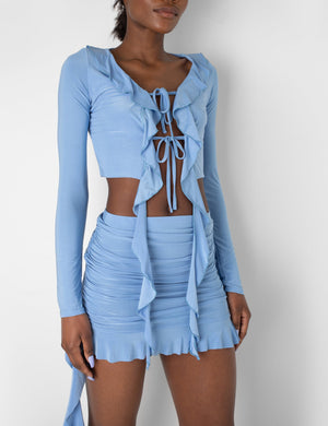 Frill Detail Tie Front Cardigan Top Baby Blue