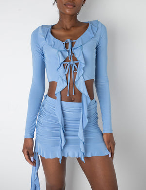 Frill Detail Tie Front Cardigan Top Baby Blue