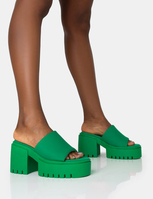 Sabeena Green Chunky Mule Round Toe Mid Heel Sandals