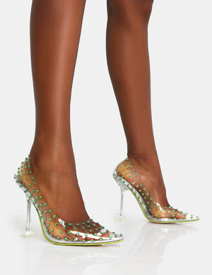 Fancy Lime Diamante Detail Court Clear Perspex Pointed Toe Stiletto Heels