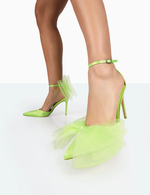 Bell Lime Satin Statement Bow Court Pointed Toe Stiletto Heels