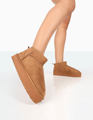 Shorty Tan Faux Suede Ultra Mini Chunky Ankle Boots