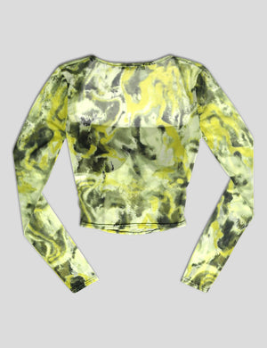 LONG SLEEVE CUP DETAIL GRAPHIC PRINT MESH TOP YELLOW