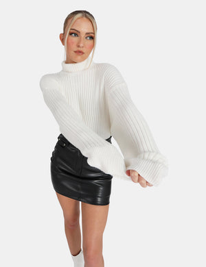 High Neck Contrast Stitch Ribbed Knitted Oversized Jumper Ivory