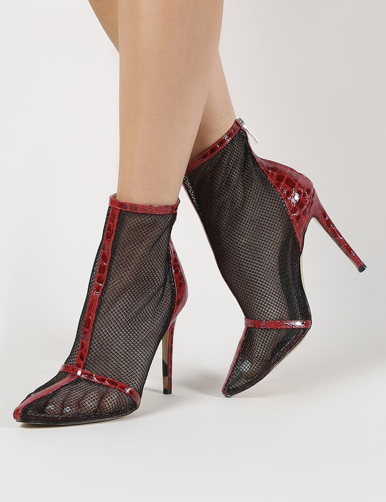 Aleisha Mesh Pointed Ankle Boots in Red Croc | Public Desire