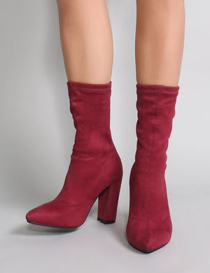 Montreal Sock Fit Ankle Boots in Burgundy Faux Suede