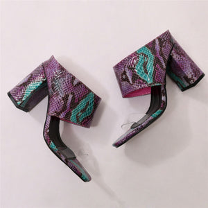 Aubree Block Heel Mules in Purple Faux Snake