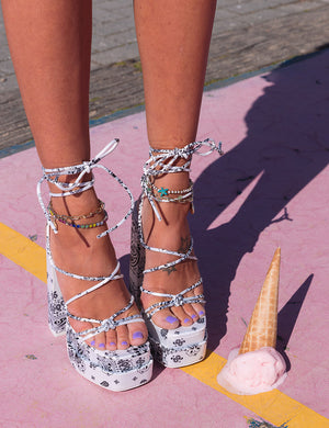 Clermonte White Paisley Print Chunky Platform Lace Up Heels