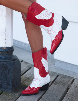 Howdy Red Patent Pointed Toe Western Cowboy Block Ankle Boots