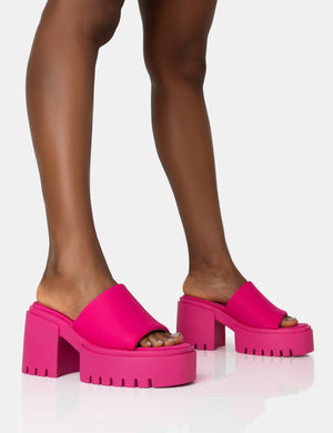 Sabeena Pink Chunky Mule Round Toe Mid Heel Sandals