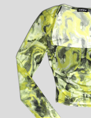 LONG SLEEVE CUP DETAIL GRAPHIC PRINT MESH TOP YELLOW