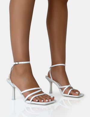 Mademoiselle White Pu Strappy Square Toe Mid Stiletto Heels