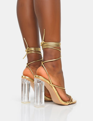 Clara Metallic Gold Pu Strappy Lace Up Round Toe Clear Perspex Heels