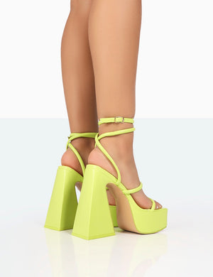 Pierce Lime Pu Square Toe Strappy Platform Flared Block Heels