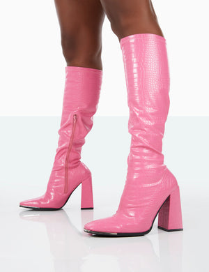 Caryn Pink Croc PU Knee High Block Heeled Boots