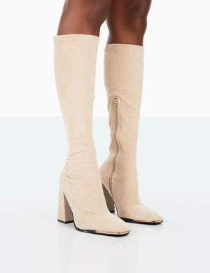 Caryn Taupe Faux Suede Knee High Heeled Boots