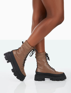 Refresh Mocha PU Nylon Lace Up Platform Chunky Sole Ankle Boots