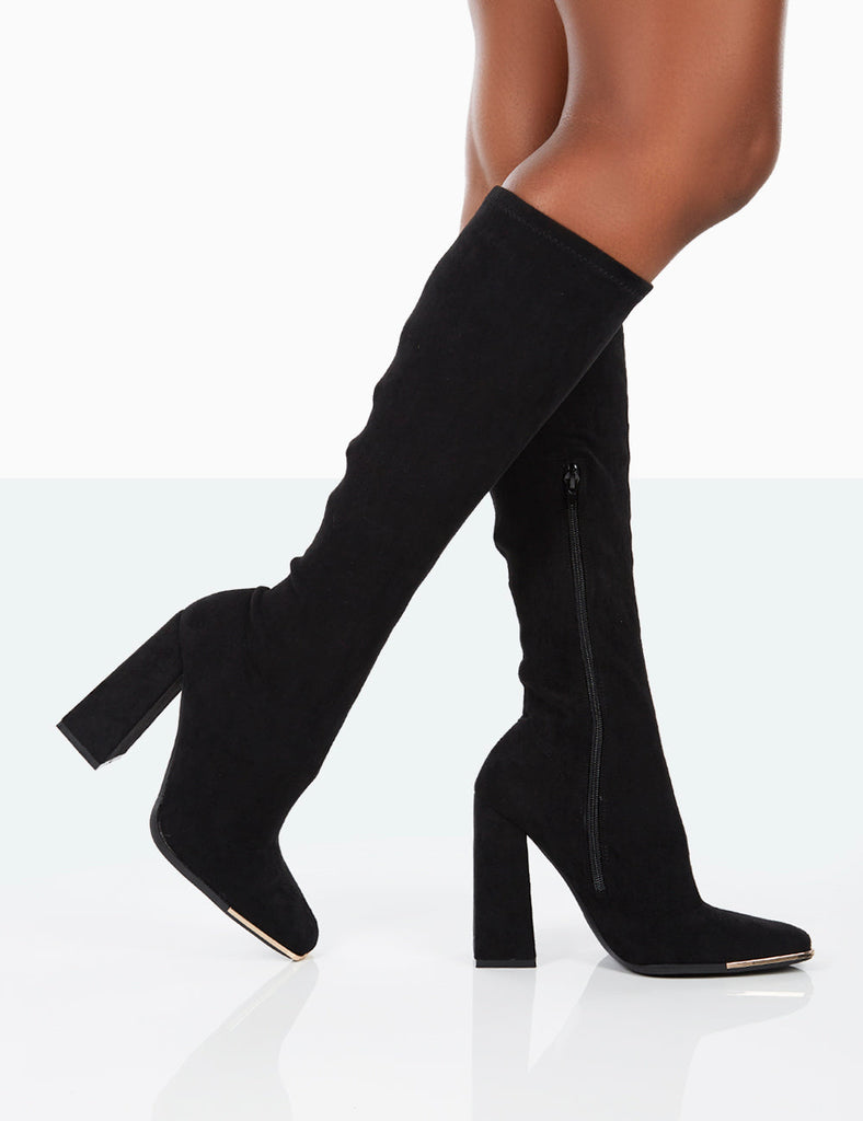 caryn black pu knee high heeled boot