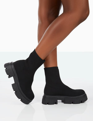 Nola Black Knit Chunky Sole Ankle Boots