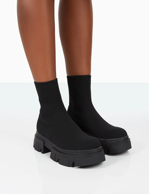 Nola Black Knit Chunky Sole Ankle Boots