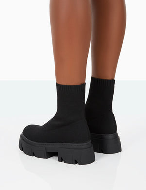 Nola Black Knit Chunky Sole Ankle Boots