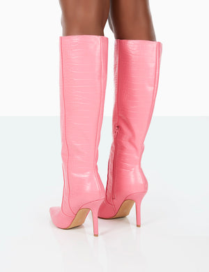 Best Believe Pink Croc Pointed Toe Heeled Stiletto Knee High Boots