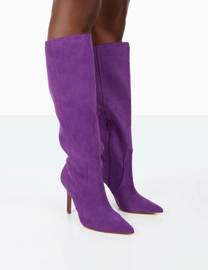Best Believe Purple Faux Suede Pointed Toe Stiletto Heeled Knee High Boots