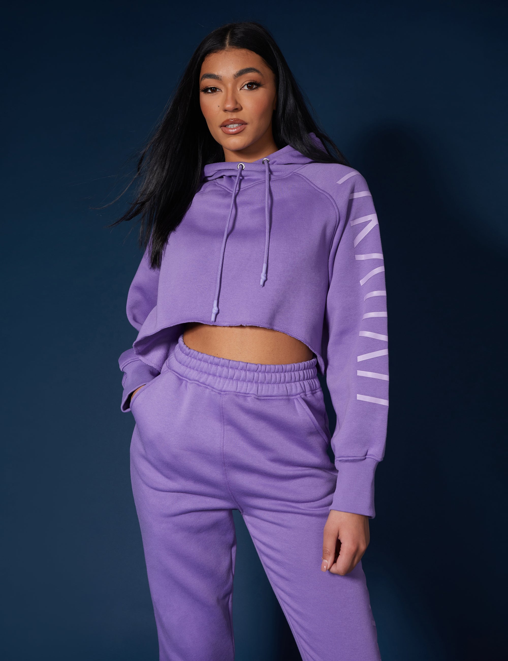 Kaiia Slogan Cropped Hoodie Violet Kaiia